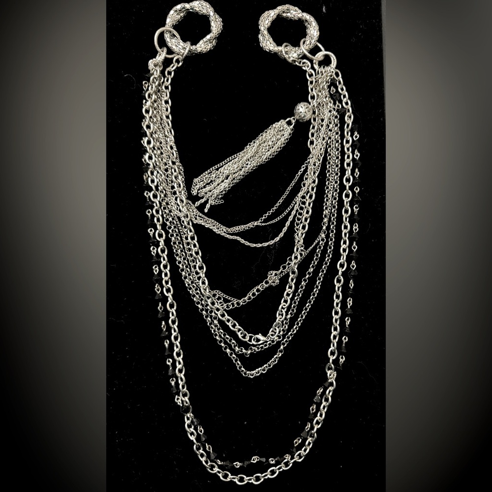 Silver with black beads, long, layered necklace w matching earrings